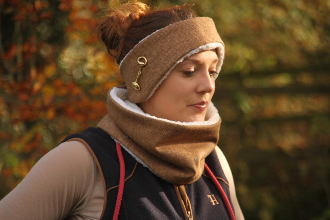 Luxury tweed headband & snood set - gold snaffle bit