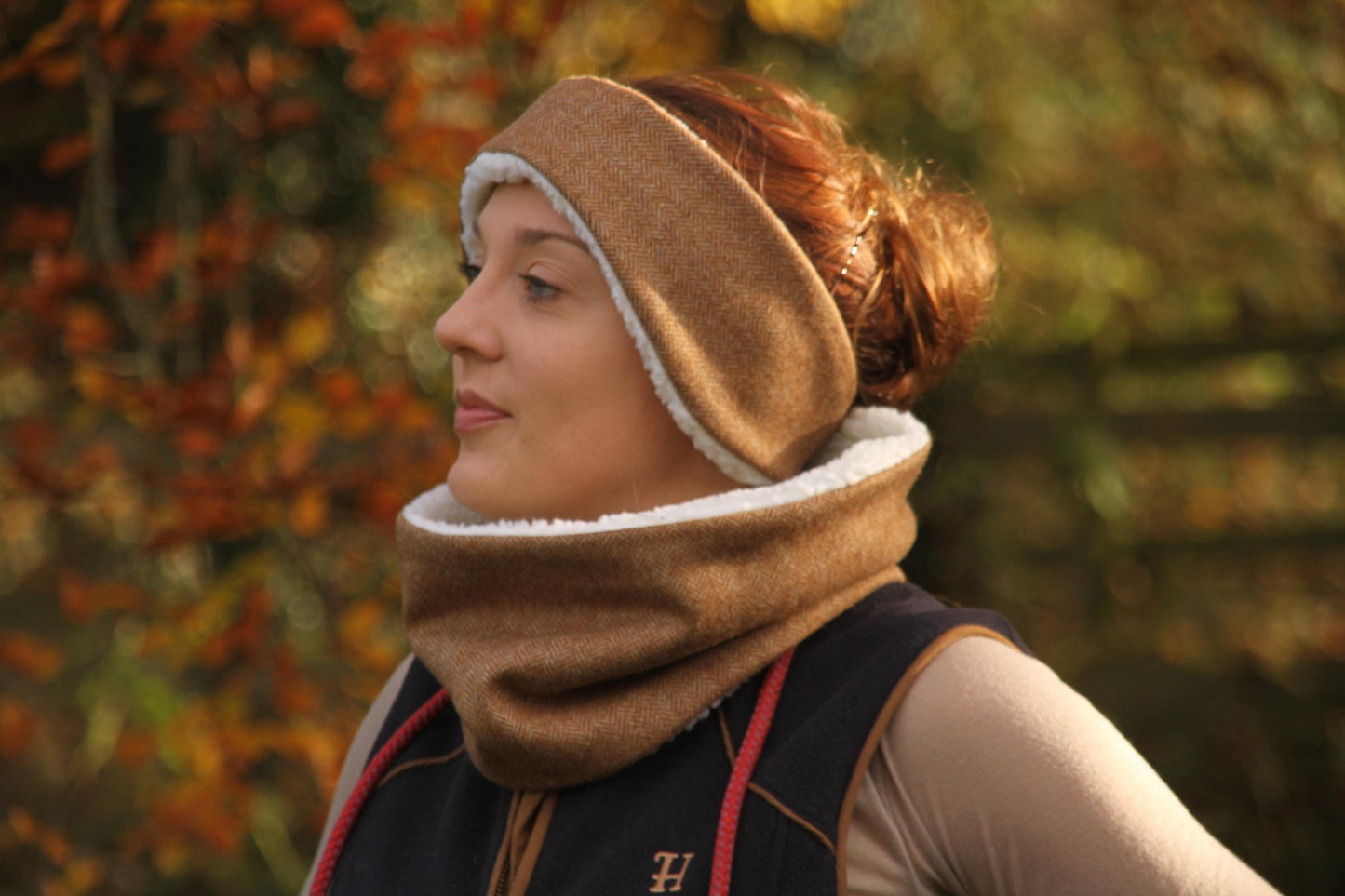Luxury tweed headband & snood set - gold snaffle bit